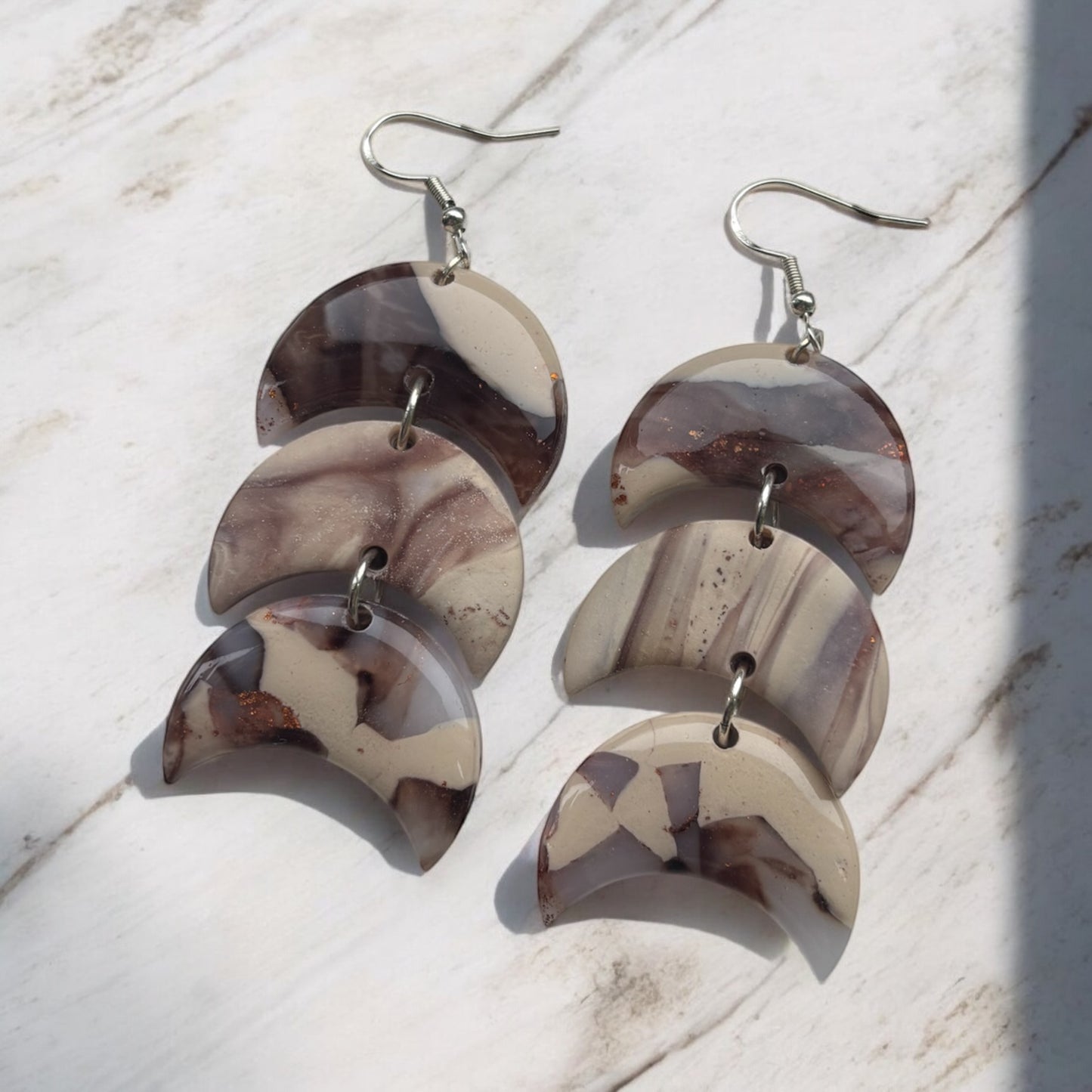 Cappuccino Triple Moon Statement Polymer Clay Dangly Earrings
