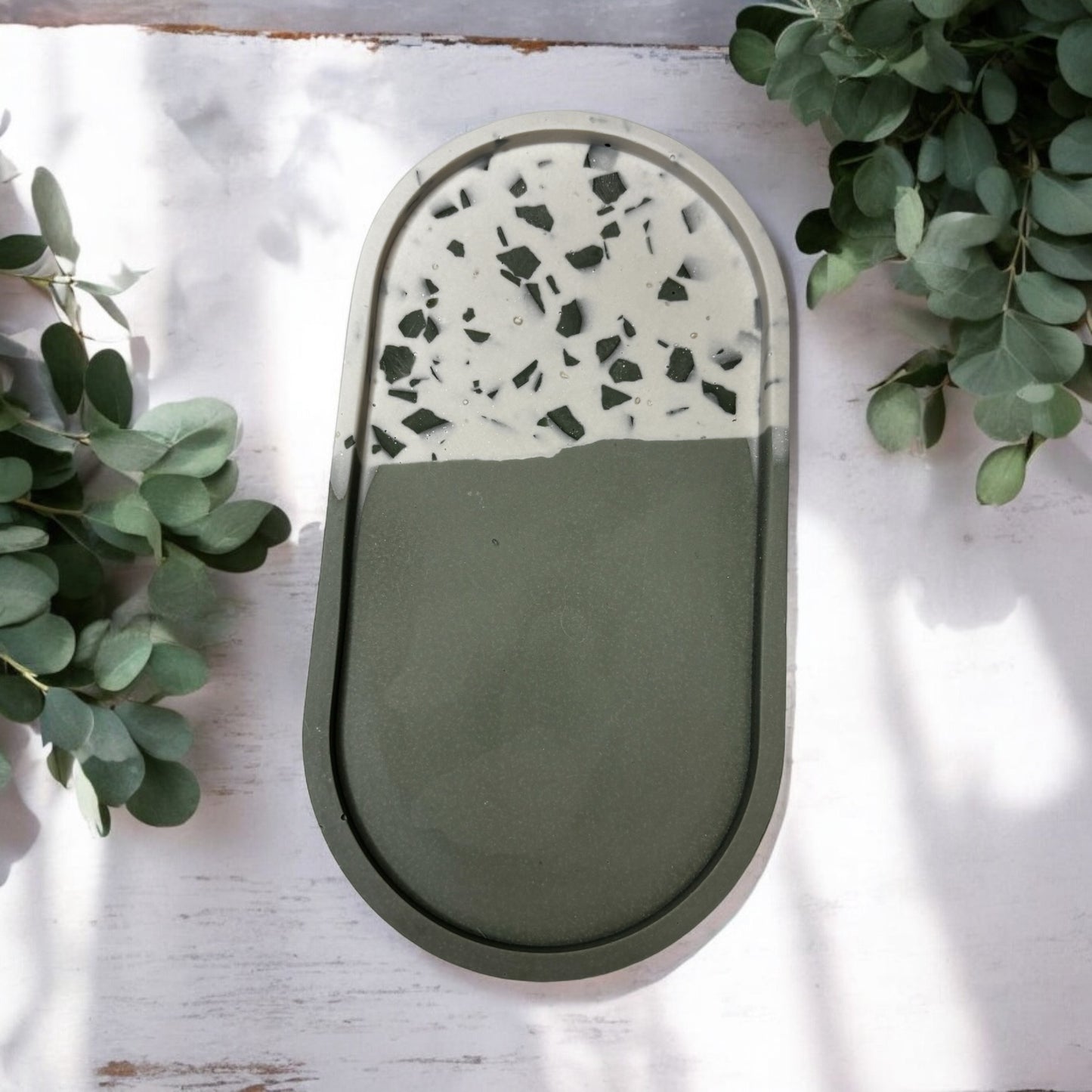 Olive Speckled Oval Jesmonite Jewellery Dish
