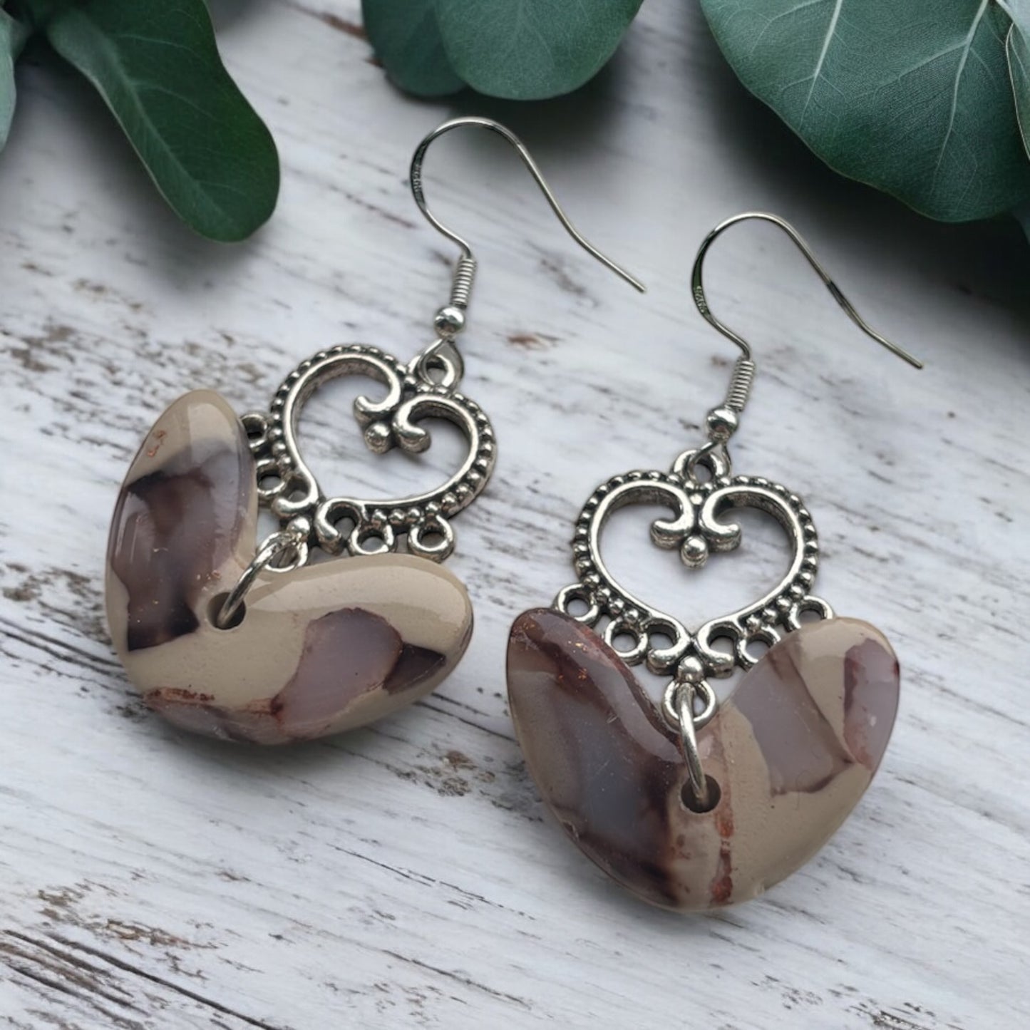 Cappuccino Heart Polymer Clay Dangly Earrings