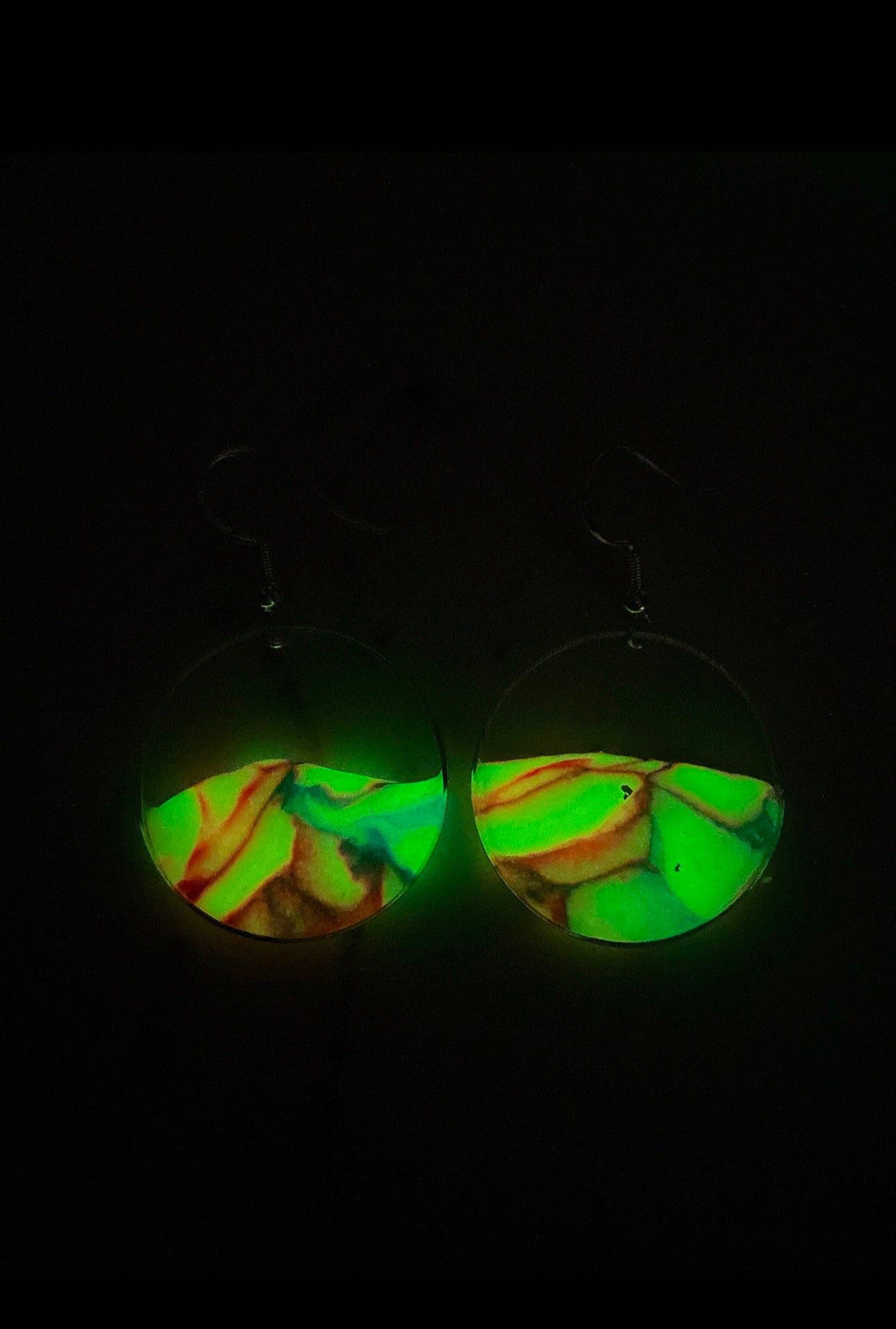 Funky Glow in the Dark Framed Polymer Clay Dangly Earrings