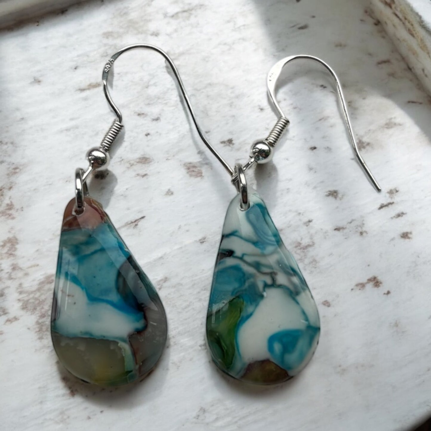 Peacock Tear Drop Polymer Clay Dangly Earrings