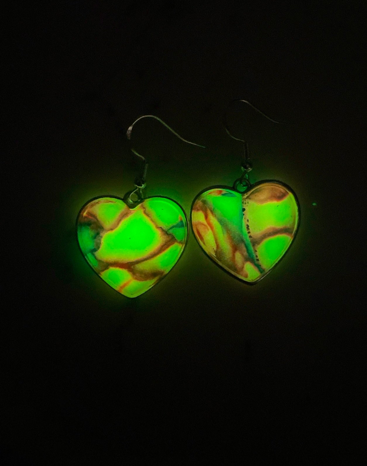 Funky Glow in the Dark Polymer Clay Dangly Heart Earrings