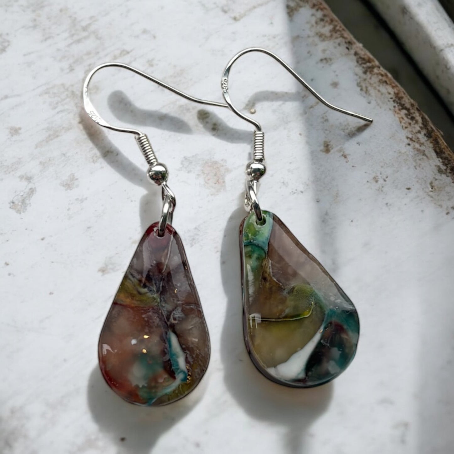 Peacock Tear Drop Polymer Clay Dangly Earrings