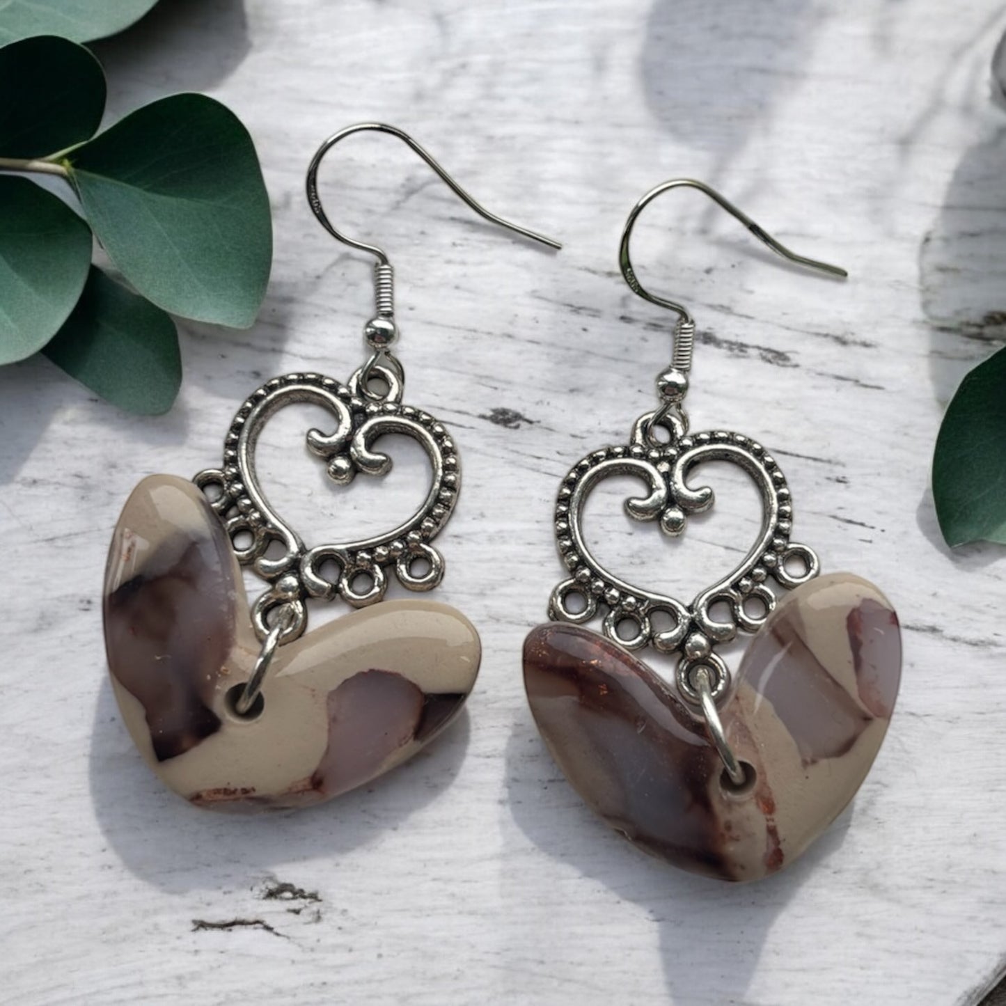 Cappuccino Heart Polymer Clay Dangly Earrings