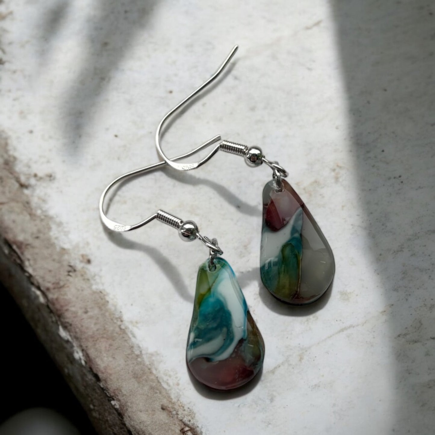 Peacock Tear Drop Polymer Clay Dangly Earrings