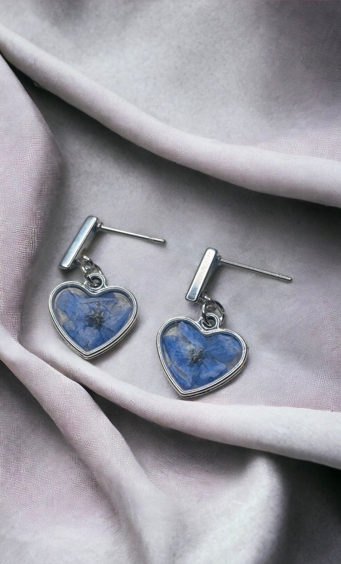 Preserved Forget Me Not Dried Flower Heart | Rectangular Stud | Earrings