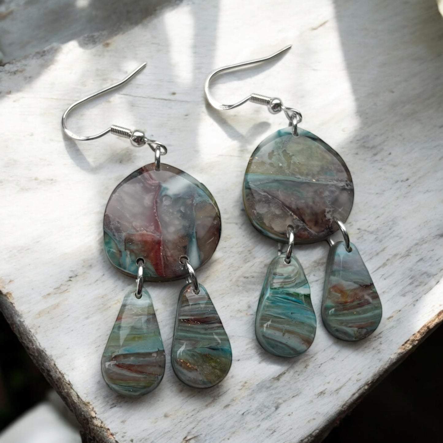 Peacock Abstract Polymer Clay Dangly Earrings