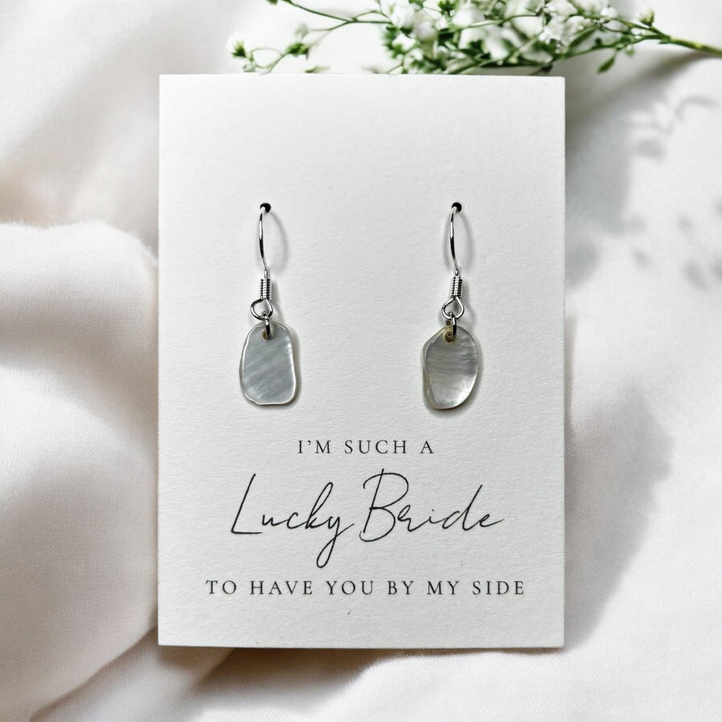 White Pearlescent Bridal Shell Dangly Earrings