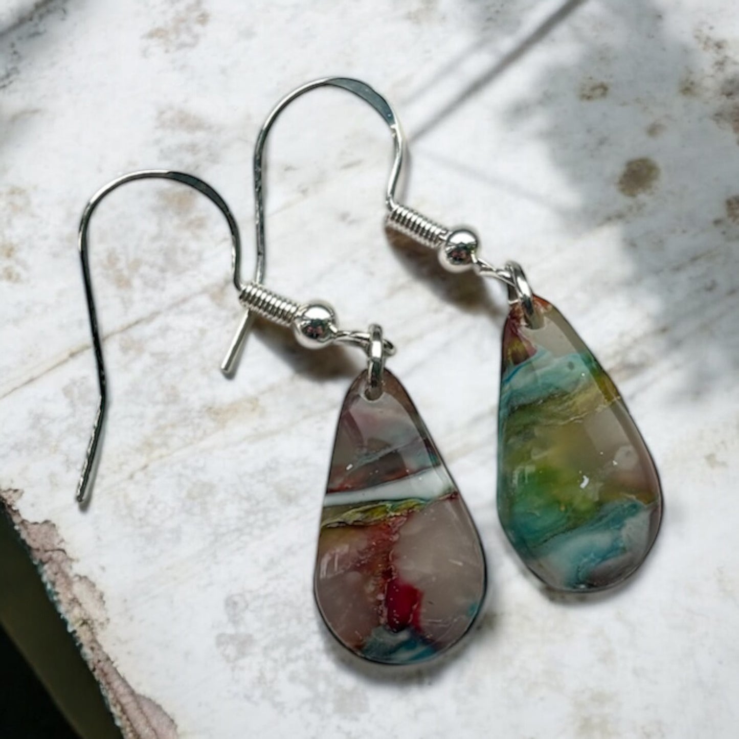 Peacock Tear Drop Polymer Clay Dangly Earrings