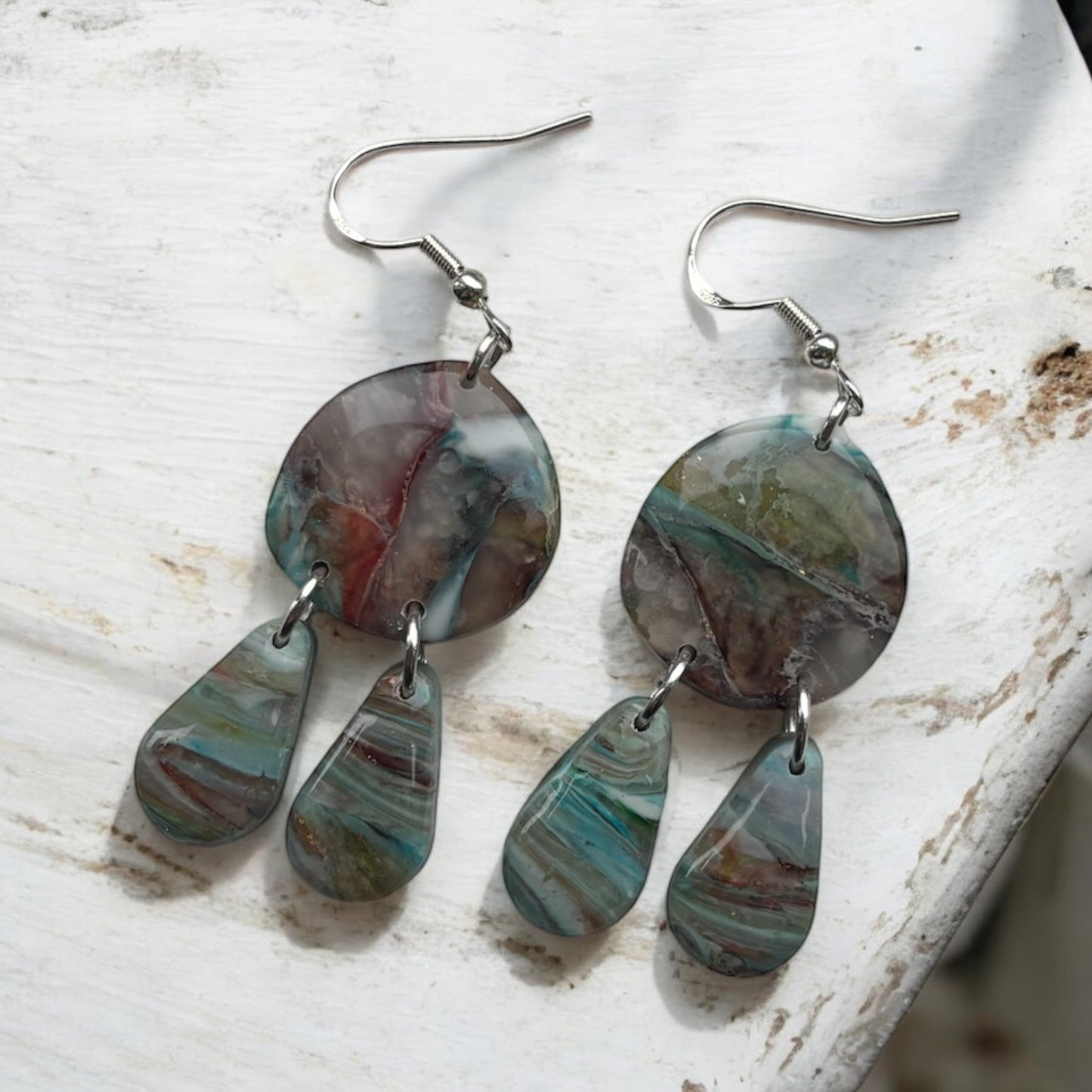 Peacock Abstract Polymer Clay Dangly Earrings