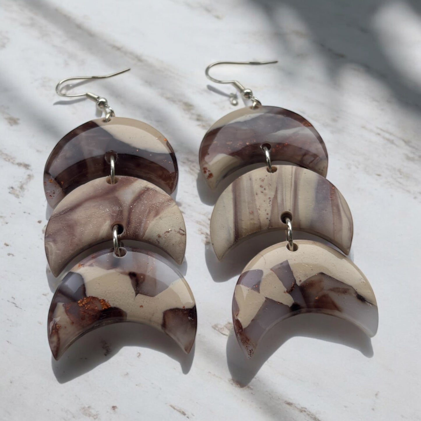 Cappuccino Triple Moon Statement Polymer Clay Dangly Earrings