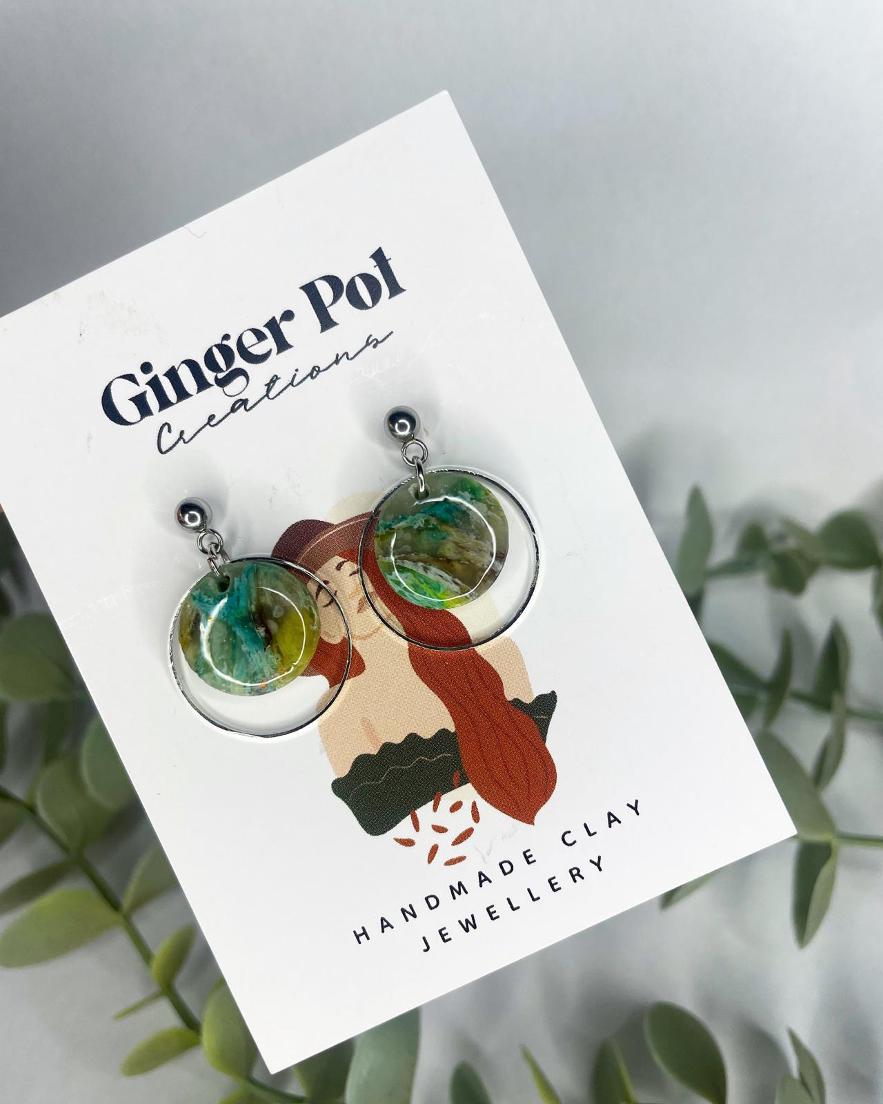 Cosmic Earth Round Frame Polymer Clay Dangly Earrings