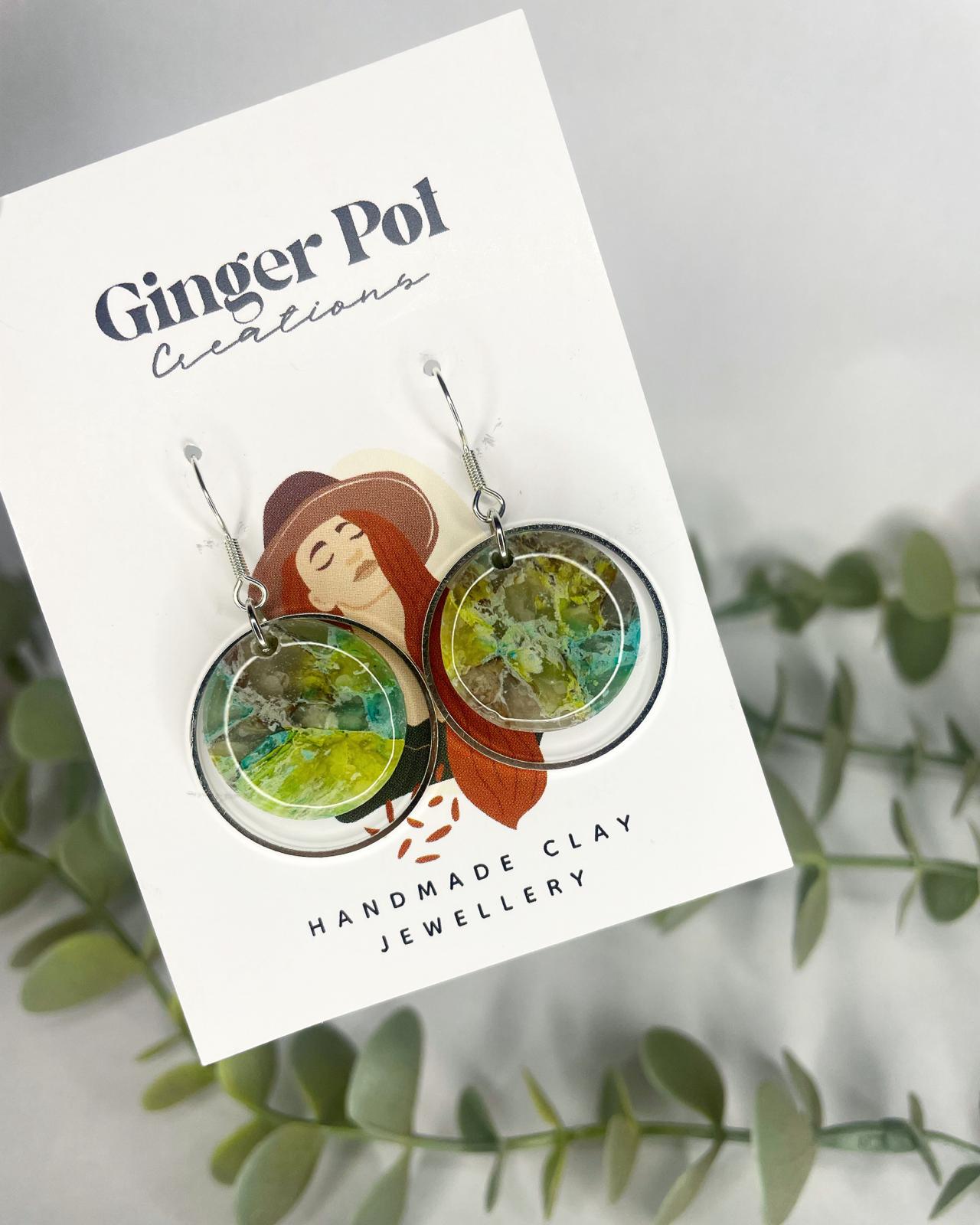 Cosmic Earth Round Frame Polymer Clay Dangly Earrings