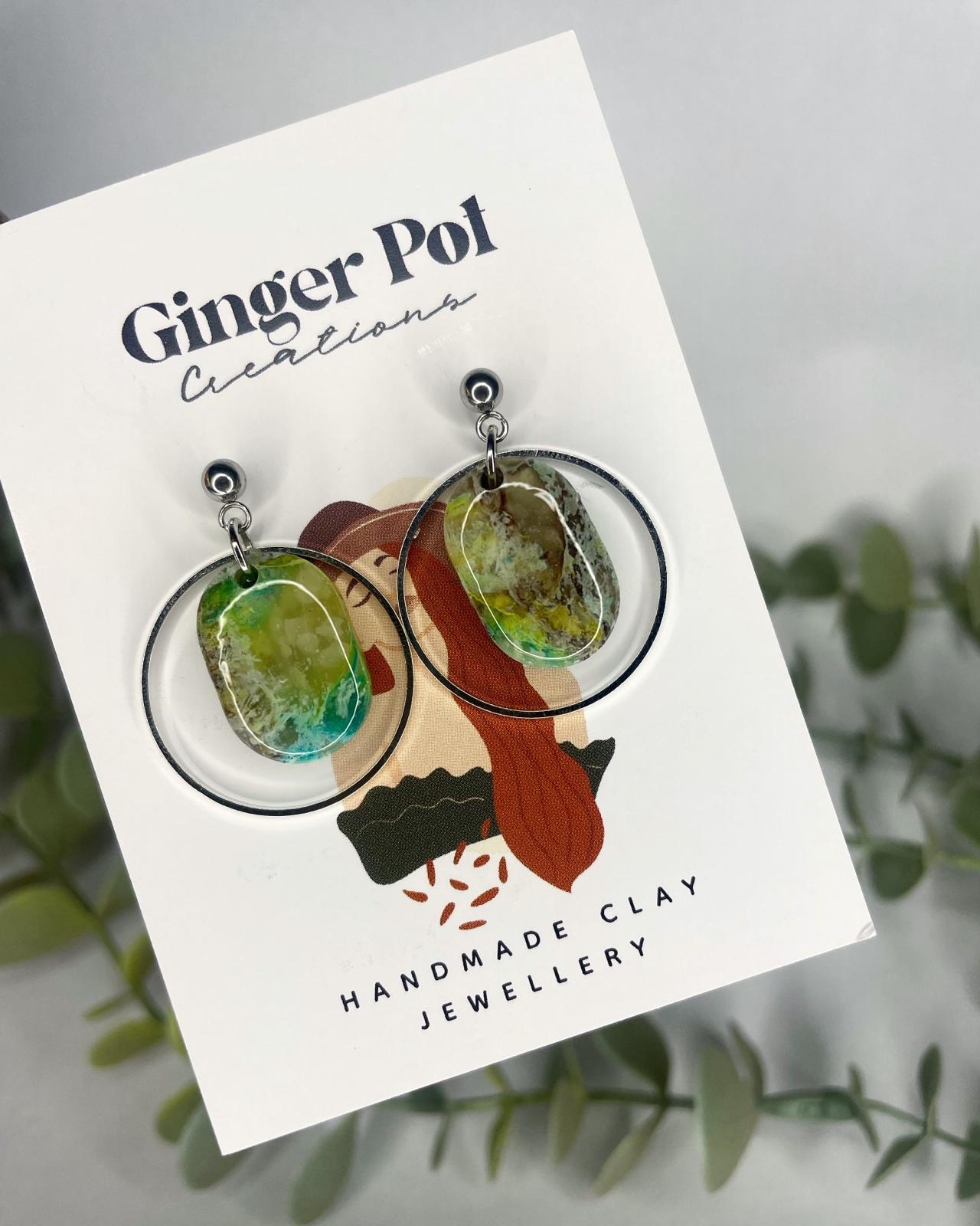 Cosmic Earth Round Frame Polymer Clay Dangly Earrings