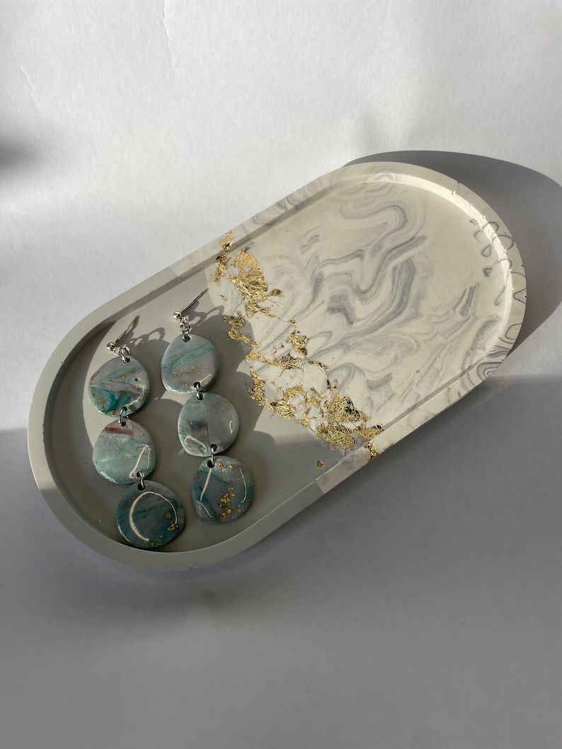 Grey and Gold Flake Marble Oval Jesmonite Jewellery Dish