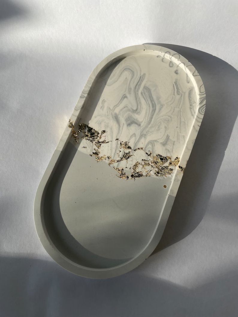 Grey and Gold Flake Marble Oval Jesmonite Jewellery Dish