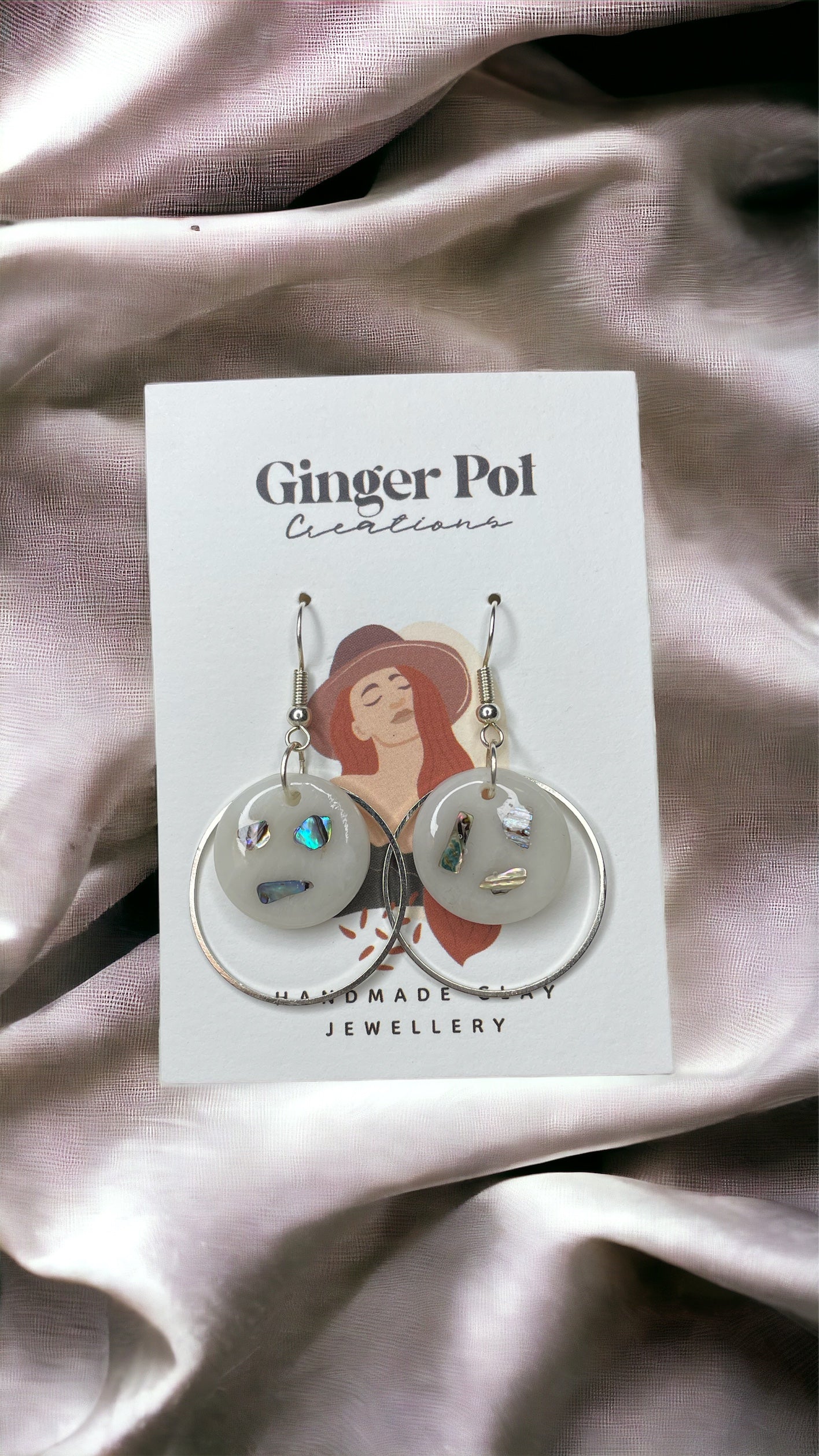 Abalone Shell Silver Framed Polymer Clay Dangly Earrings