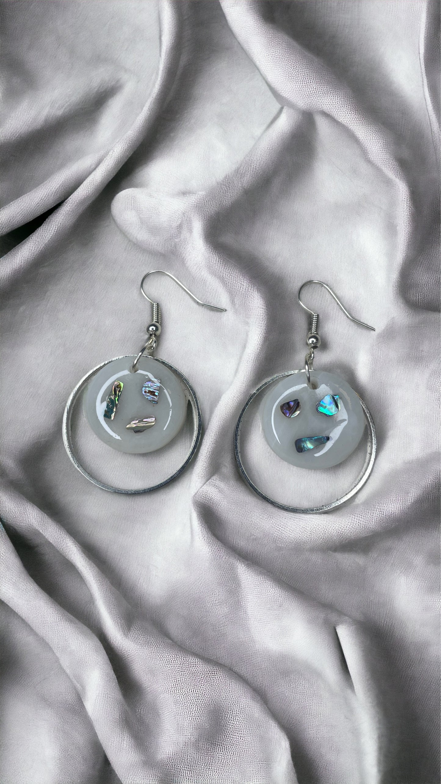 Abalone Shell Silver Framed Polymer Clay Dangly Earrings