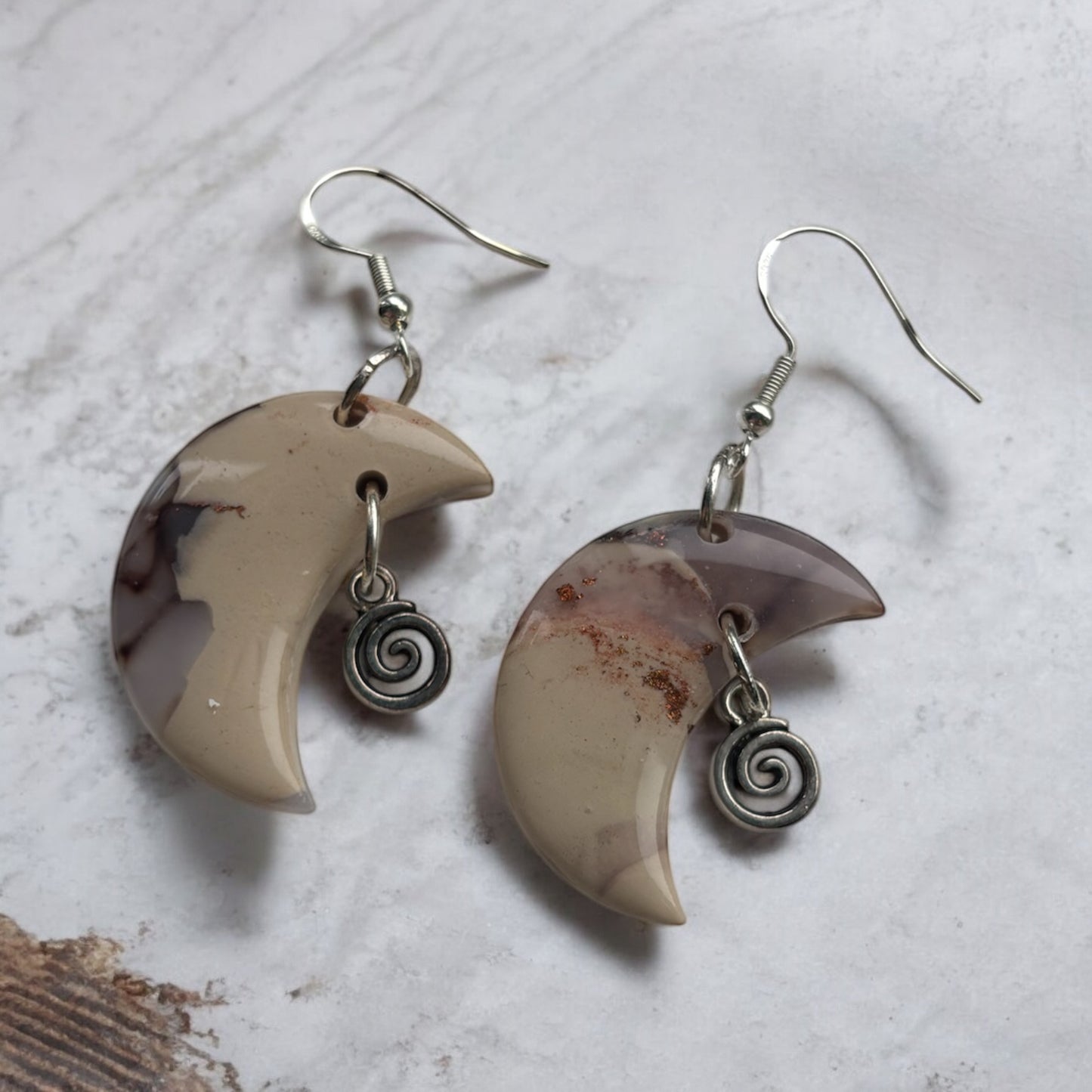 Cappuccino Moon Polymer Clay Dangly Earrings