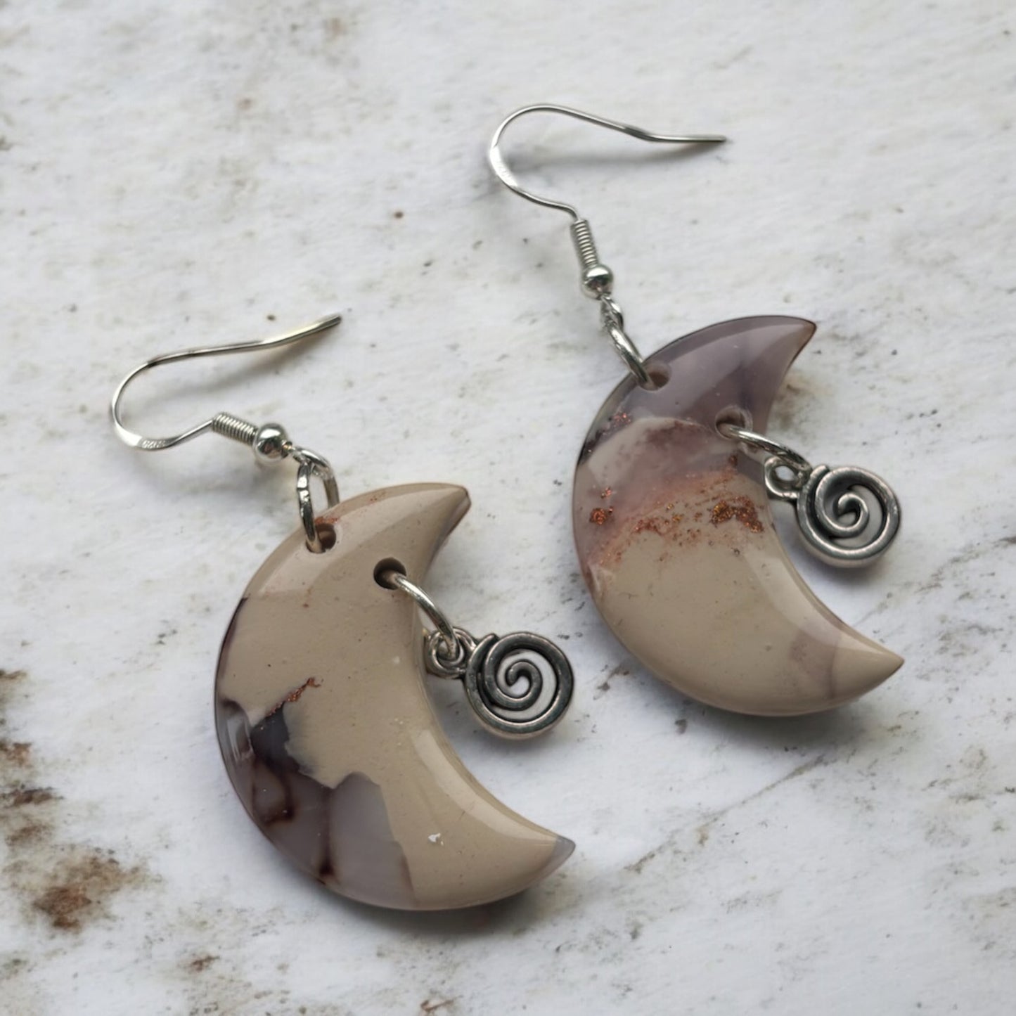 Cappuccino Moon Polymer Clay Dangly Earrings
